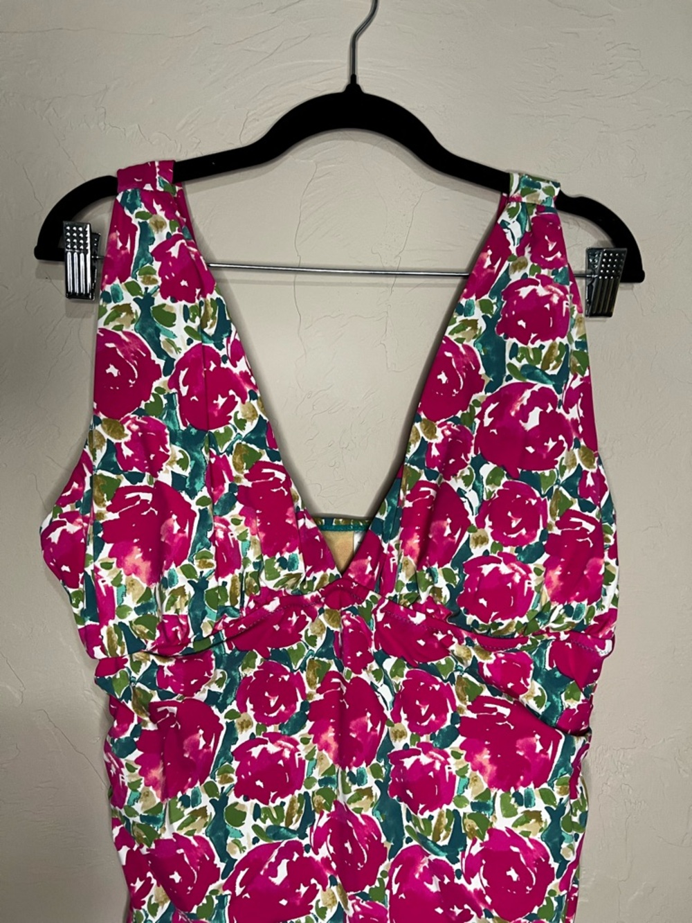 Garnet Hill Pink Rose Floral Deep V Neck One Piece Modest Dress Swimsuit - Picture 3 of 11